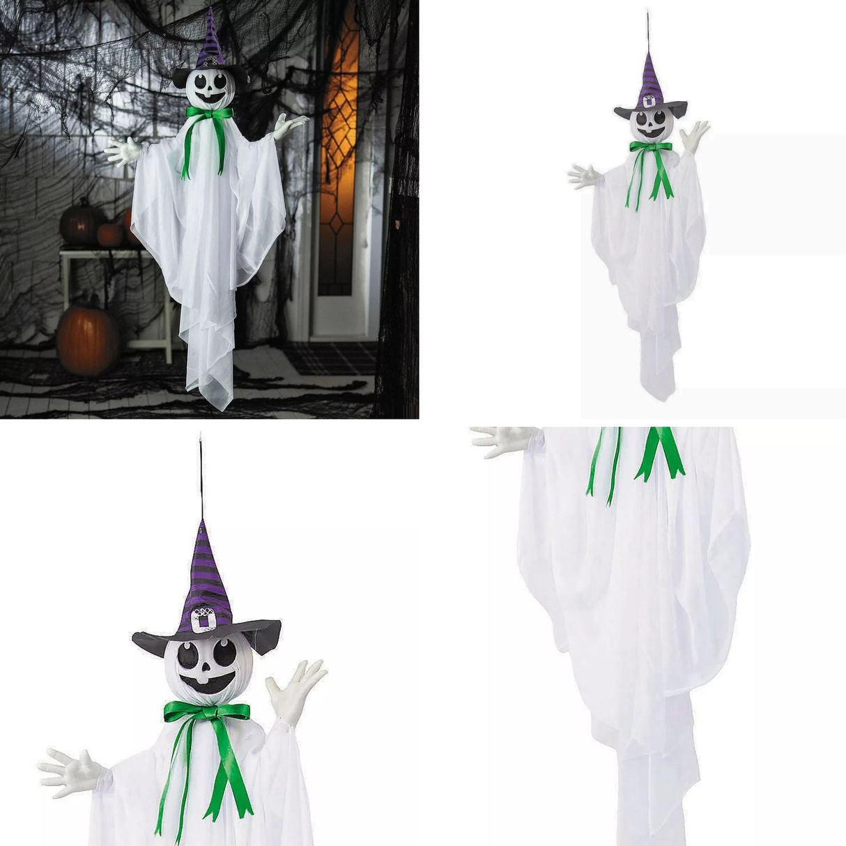 39 1/4" Animated Hanging Smiling Ghost with Witch Hat and Green Bow Halloween Decoration