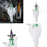 39 1/4" Animated Hanging Smiling Ghost with Witch Hat and Green Bow Halloween Decoration