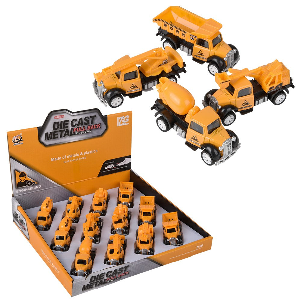Construction Vehicles Pull-Back Die-Cast Set (12 PC Display)
