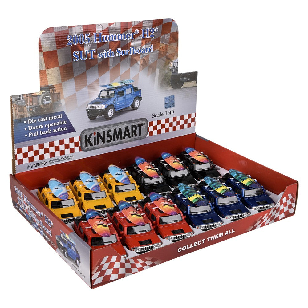 Die-Cast Pull Back Hummer H2 SUT With Surfboard (12 PC Display)