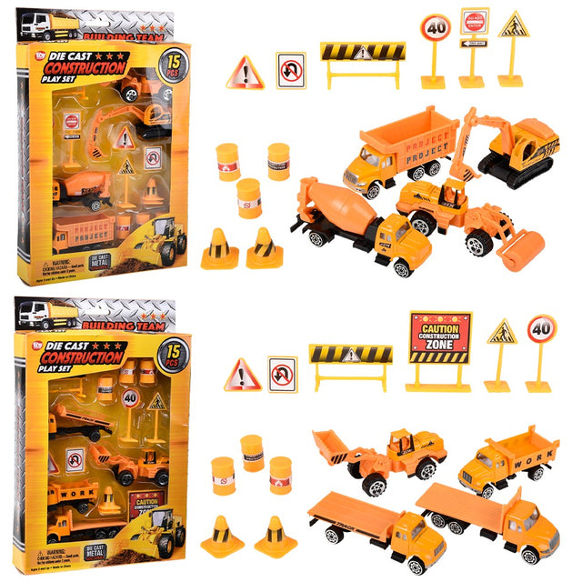 Die-Cast Construction Vehicles Play Set (15 Pc)