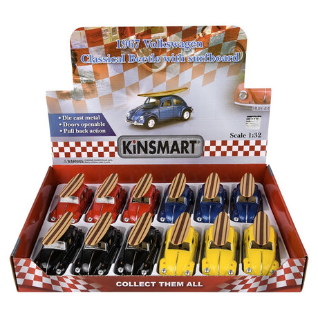 Die-Cast Pull Back 1967 VW Beetle Surfboard (12 Pc Display)