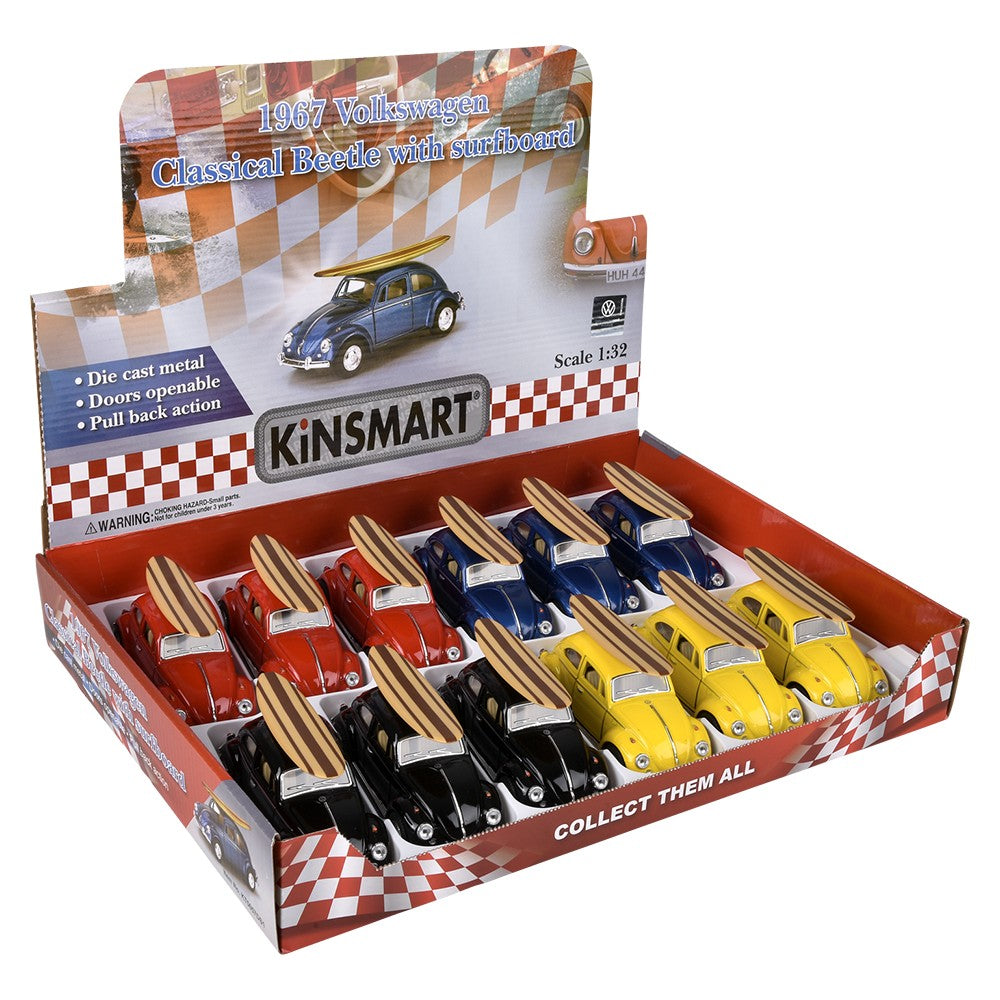 Die-Cast Pull Back 1967 VW Beetle Surfboard (12 Pc Display)