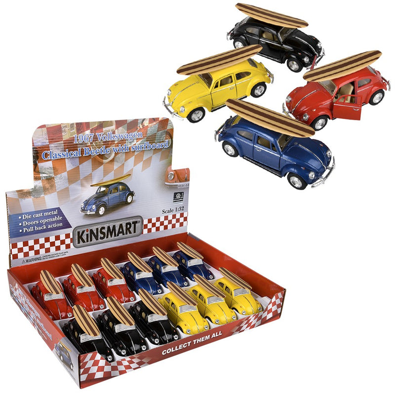 Die-Cast Pull Back 1967 VW Beetle Surfboard (12 Pc Display)