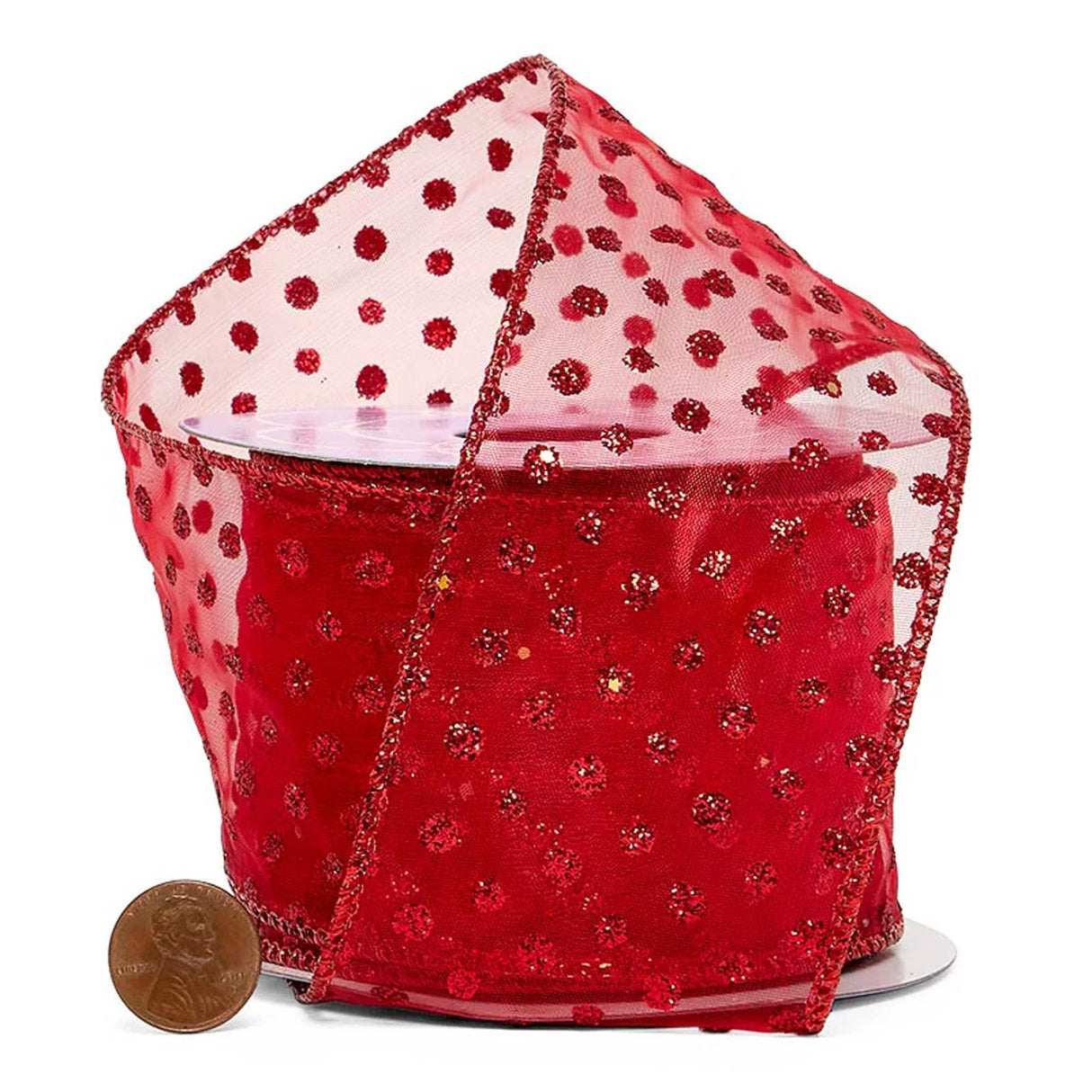 Glitter Dots On Sheer Wired Ribbon 2 1/2 '' X 10 yd Red Color 1 / roll