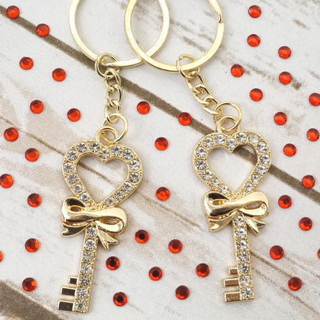Gold Key Bow Crystal Rhinestone Keychain 4 Inch 12pcs