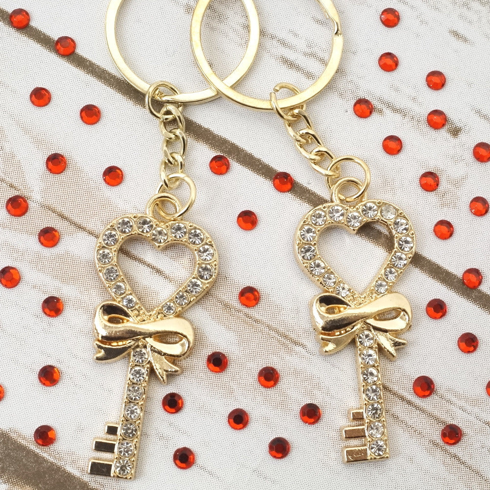 4" Gold Key with Bow Crystal Rhinestone Keychain - Pack of 12
