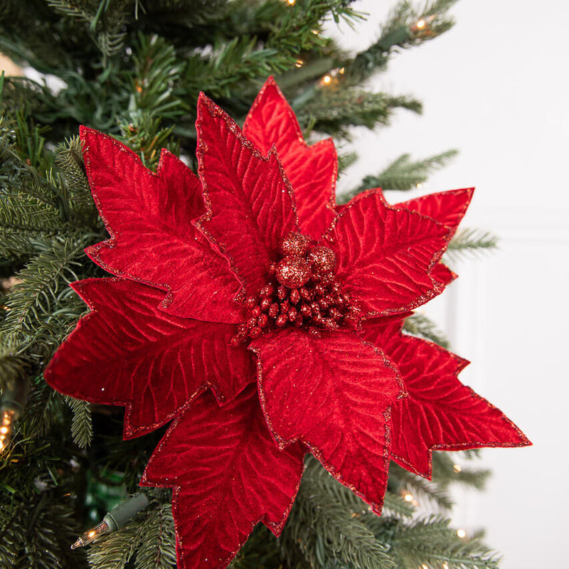 24” x 11” Poinsettia Stem – Red with Red Glitter Festive Holiday Floral Stem