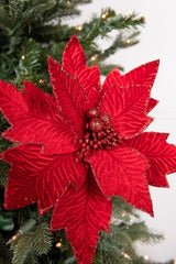 24” x 11” Poinsettia Stem – Red with Red Glitter Festive Holiday Floral Stem