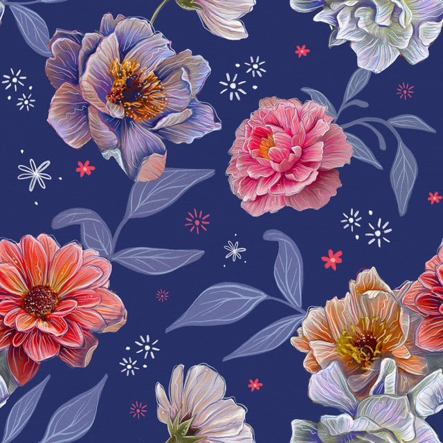 Quilting Cotton Visions Midnight Blooms on Navy Paintbrush Studio
