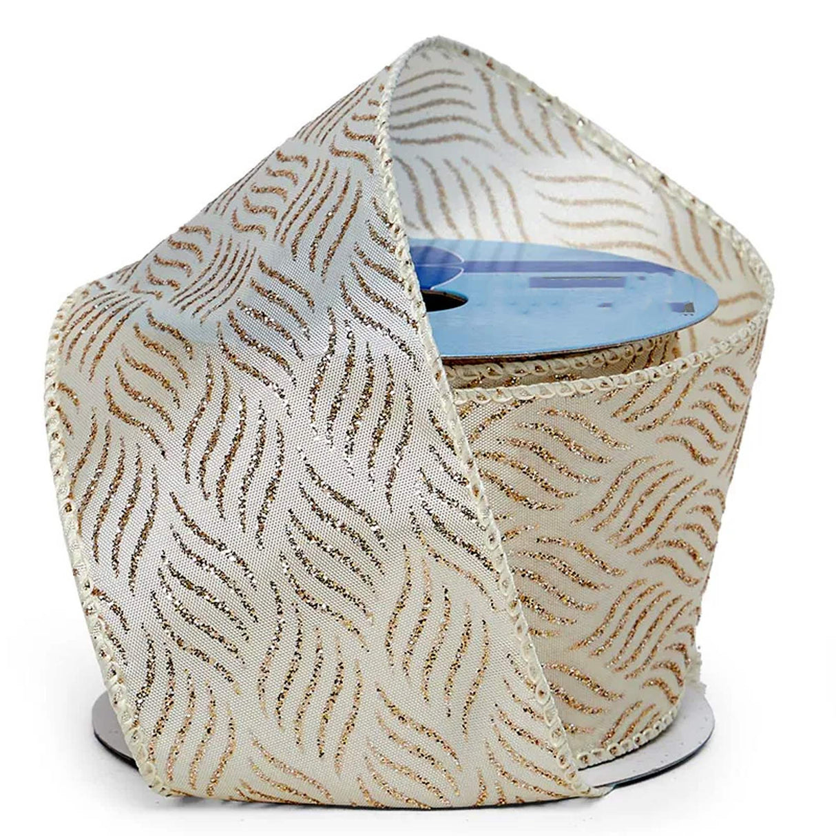 Glitter Wavy Line Pattern On Wired Satin Ribbon 2 1/2 '' X 10 yd Gold / Ivory Color 1 / roll