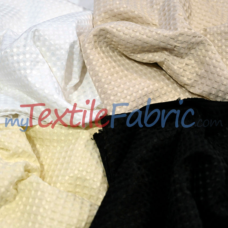 Waffle Brocade Polyester Fabric - Textured Waffle Grid, 60" Width, White, Ivory, Champagne, Black (1 Yard)