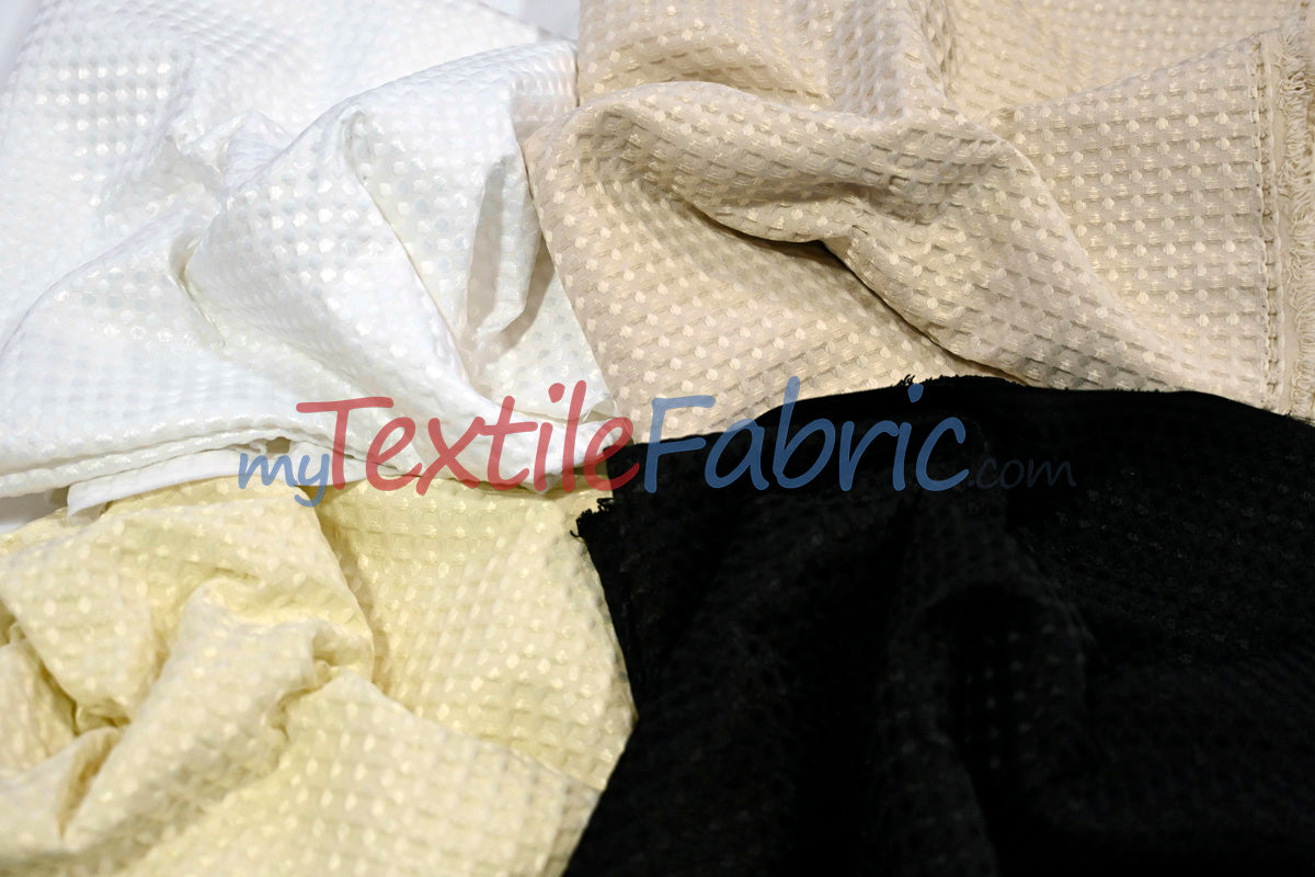 Waffle Brocade Polyester Fabric - Textured Waffle Grid, 60" Width, White, Ivory, Champagne, Black (1 Yard)