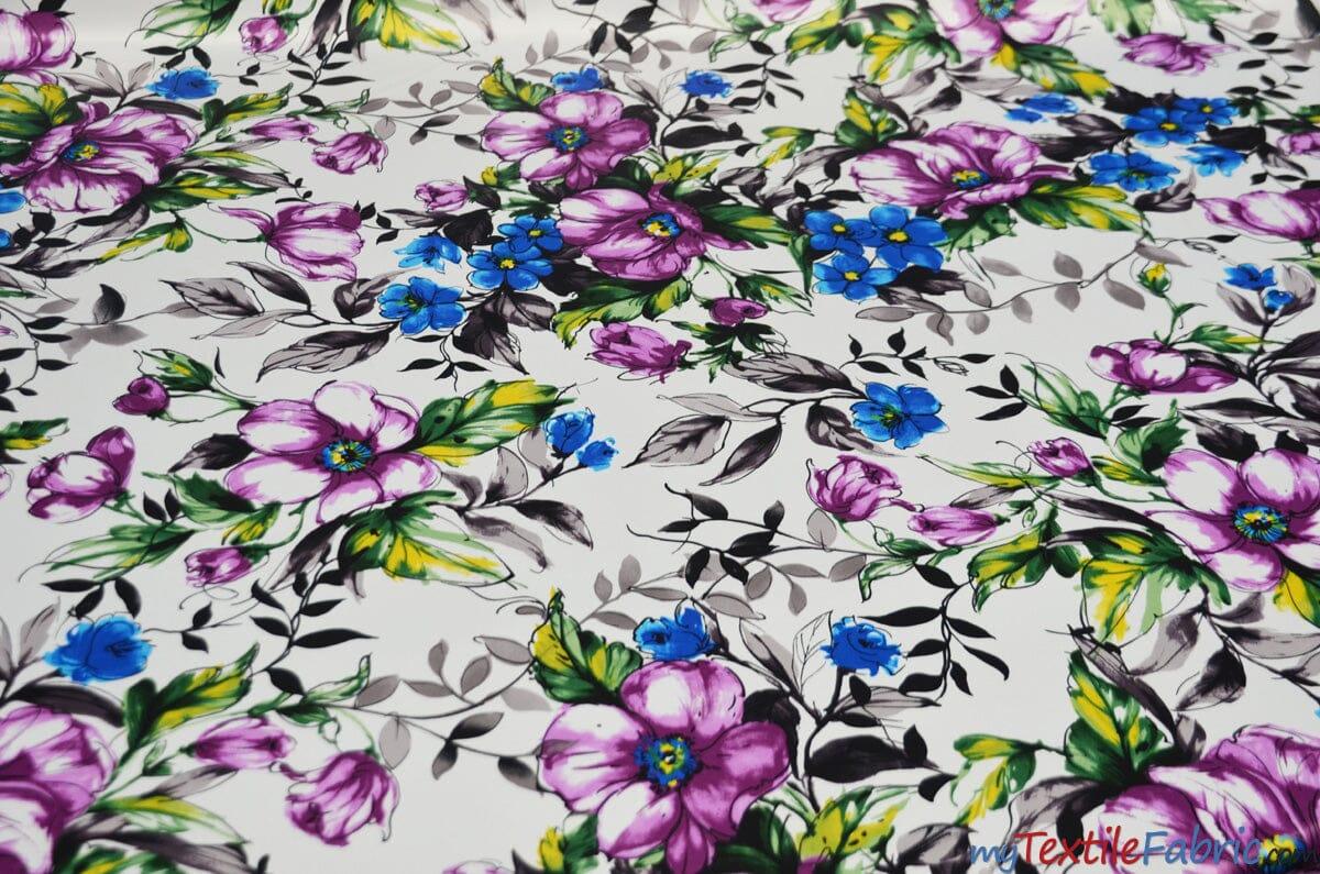 Watercolor Floral L'Amour Satin Fabric - Ivory Magenta Watercolor Floral Print, 58/60" Width (1 Yard)