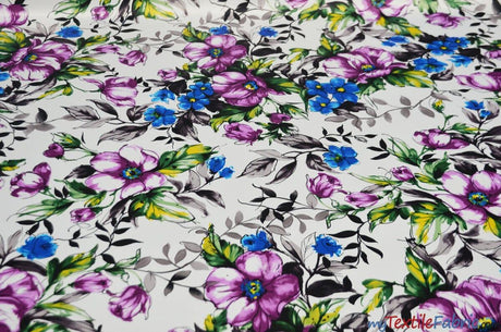 Watercolor Floral L'Amour Satin Fabric - Ivory Magenta Watercolor Floral Print, 58/60" Width (1 Yard)