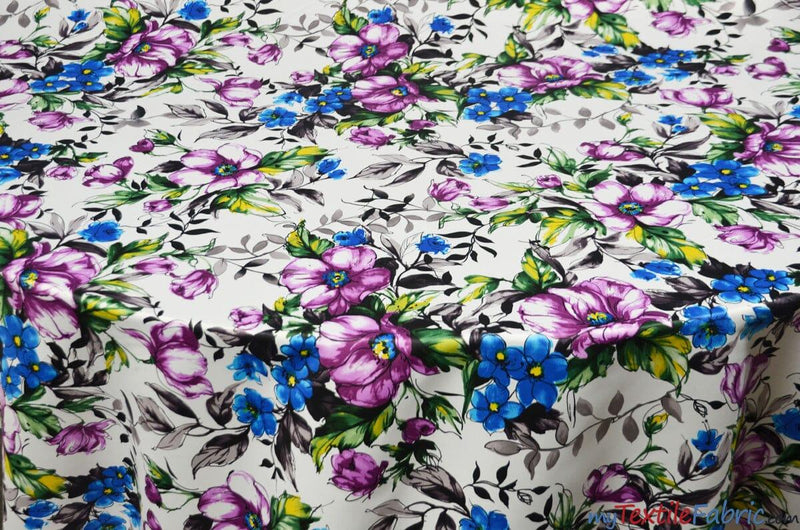 Watercolor Floral L'Amour Satin Fabric - Ivory Magenta Watercolor Floral Print, 58/60" Width (1 Yard)