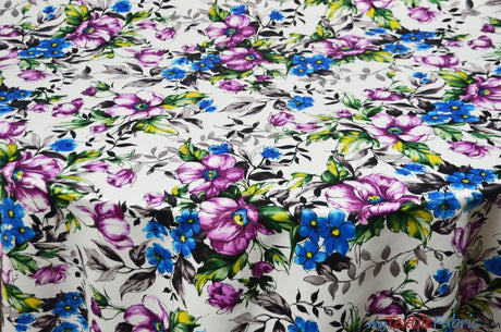 Watercolor Floral L'Amour Satin Fabric - Ivory Magenta Watercolor Floral Print, 58/60" Width (1 Yard)