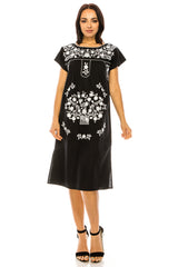 Unik Embroidered Traditional Mexican Dress Cotton Fabric - Detailed Embroidery, Multiple Colors, S-M-L-XL-2XL-3XL (1 Piece)