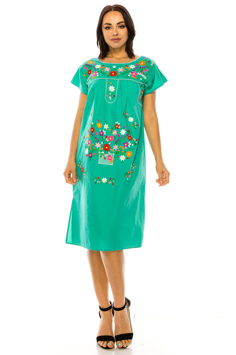 Unik Embroidered Traditional Mexican Dress Cotton Fabric - Detailed Embroidery, Multiple Colors, S-M-L-XL-2XL-3XL (1 Piece)