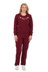 Lightweight Fleece Pullover Sweater With Matching Pants Cotton Polyester Blend Fabric - Flowery Embroidery, Black, Burgundy, D.Grey, L.Grey, Navy, Fushia, Purple, S, M, L, XL (1 Set)