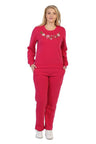 Lightweight Fleece Pullover Sweater With Matching Pants Cotton Polyester Blend Fabric - Flowery Embroidery, Black, Burgundy, D.Grey, L.Grey, Navy, Fushia, Purple, S, M, L, XL (1 Set)