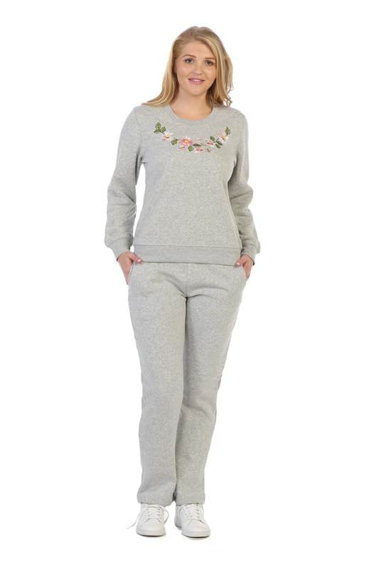 Lightweight Fleece Pullover Sweater With Matching Pants Cotton Polyester Blend Fabric - Flowery Embroidery, Black, Burgundy, D.Grey, L.Grey, Navy, Fushia, Purple, S, M, L, XL (1 Set)