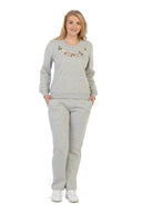 Lightweight Fleece Pullover Sweater With Matching Pants Cotton Polyester Blend Fabric - Flowery Embroidery, Black, Burgundy, D.Grey, L.Grey, Navy, Fushia, Purple, S, M, L, XL (1 Set)