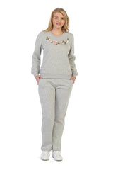 Lightweight Fleece Pullover Sweater With Matching Pants Cotton Polyester Blend Fabric - Flowery Embroidery, Black, Burgundy, D.Grey, L.Grey, Navy, Fushia, Purple, S, M, L, XL (1 Set)