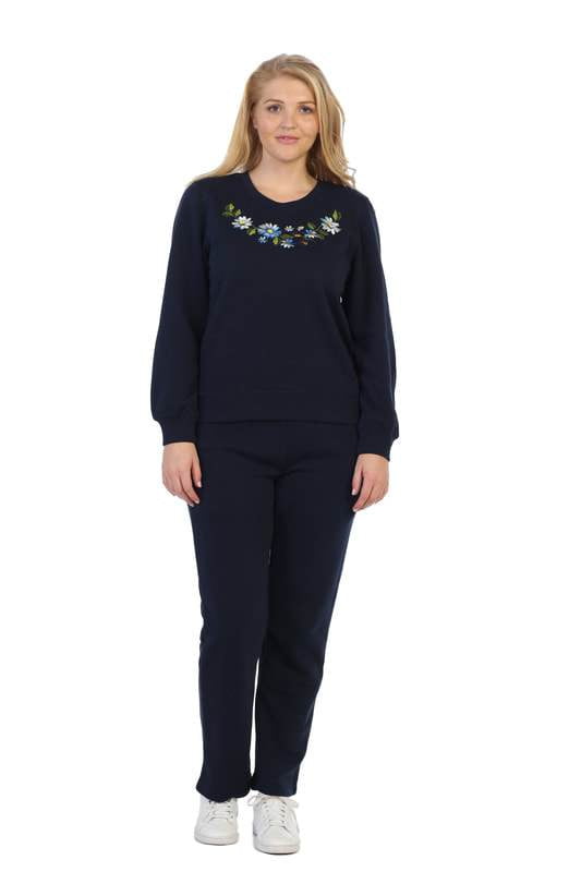 Lightweight Fleece Pullover Sweater With Matching Pants Cotton Polyester Blend Fabric - Flowery Embroidery, Black, Burgundy, D.Grey, L.Grey, Navy, Fushia, Purple, S, M, L, XL (1 Set)