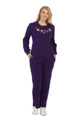Lightweight Fleece Pullover Sweater With Matching Pants Cotton Polyester Blend Fabric - Flowery Embroidery, Black, Burgundy, D.Grey, L.Grey, Navy, Fushia, Purple, S, M, L, XL (1 Set)