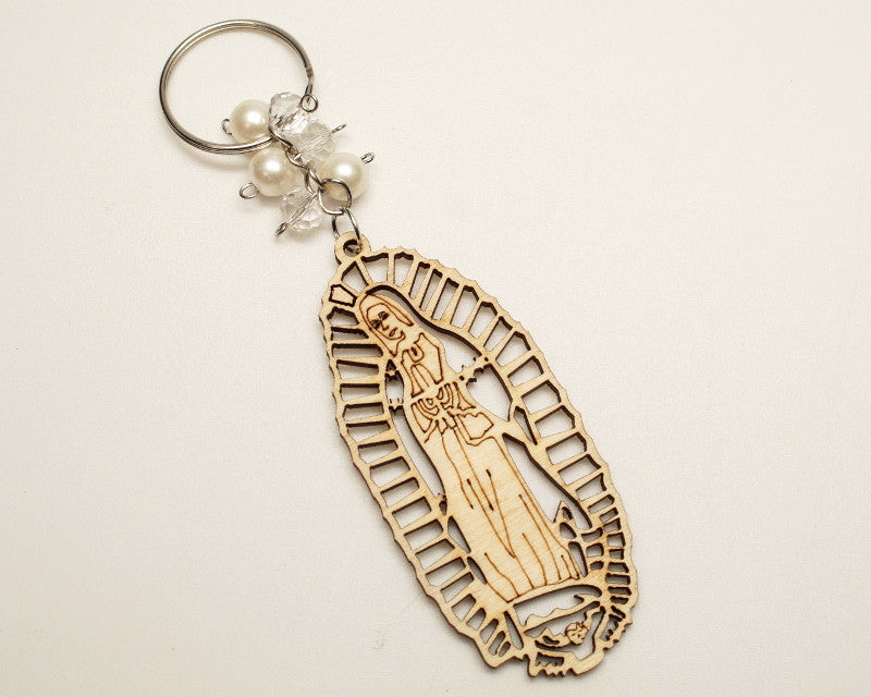 White Pearl Wooden Carved Guadalupe Keychain - Pack of 12