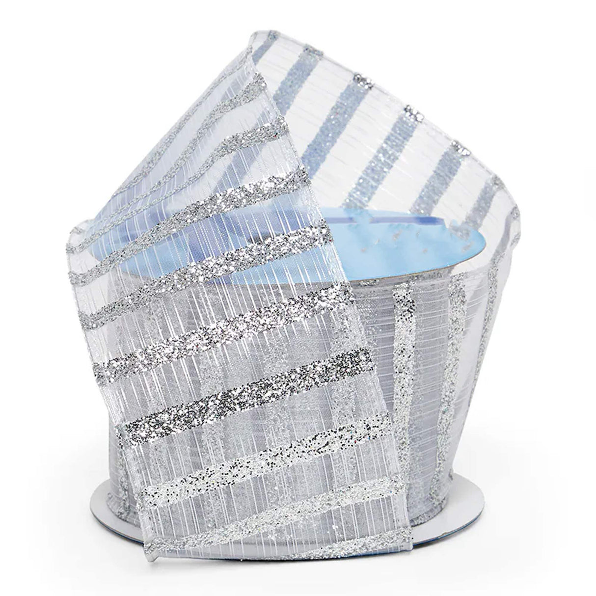 Sparkling Stripes On Sheer Wired Ribbon 2 1/2 '' X 10 yd Silver Color 1 / roll