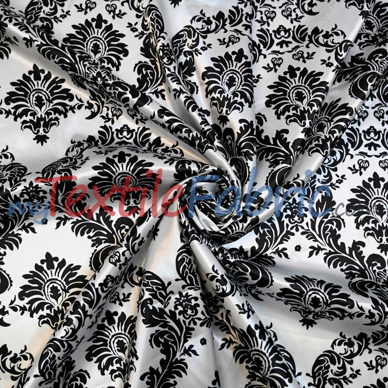 White Black Damask Satin Print Polyester Fabric - Damask Pattern, 58/60" Width (1 Yard)