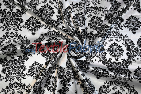 White Black Damask Satin Print Polyester Fabric - Damask Pattern, 58/60" Width (1 Yard)