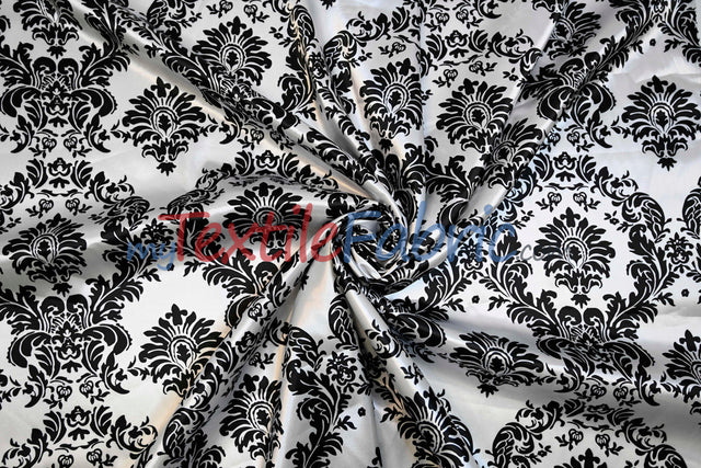 White Black Damask Satin Print Polyester Fabric - Damask Pattern, 58/60" Width (1 Yard)