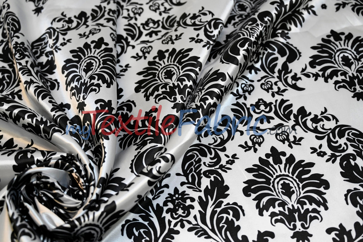 White Black Damask Satin Print Polyester Fabric - Damask Pattern, 58/60" Width (1 Yard)