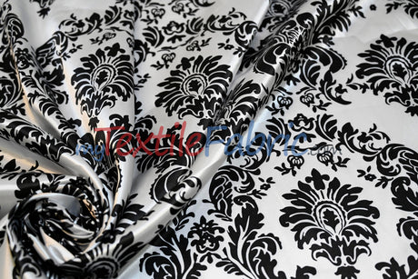 White Black Damask Satin Print Polyester Fabric - Damask Pattern, 58/60" Width (1 Yard)