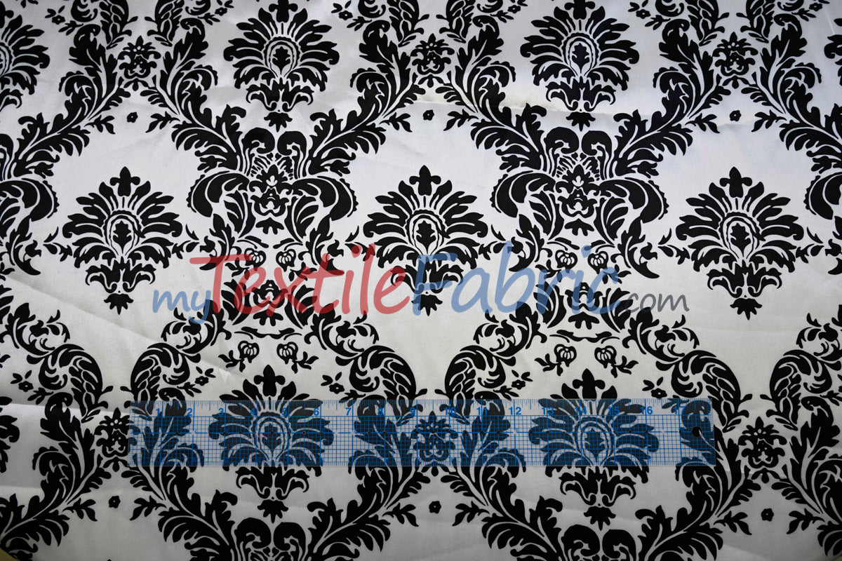 White Black Damask Satin Print Polyester Fabric - Damask Pattern, 58/60" Width (1 Yard)