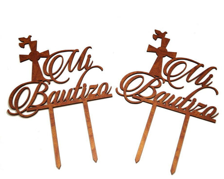 5" x 6" Laser-Cut Wood Mi Bautizo Cake Topper Centerpiece - Pack of 12