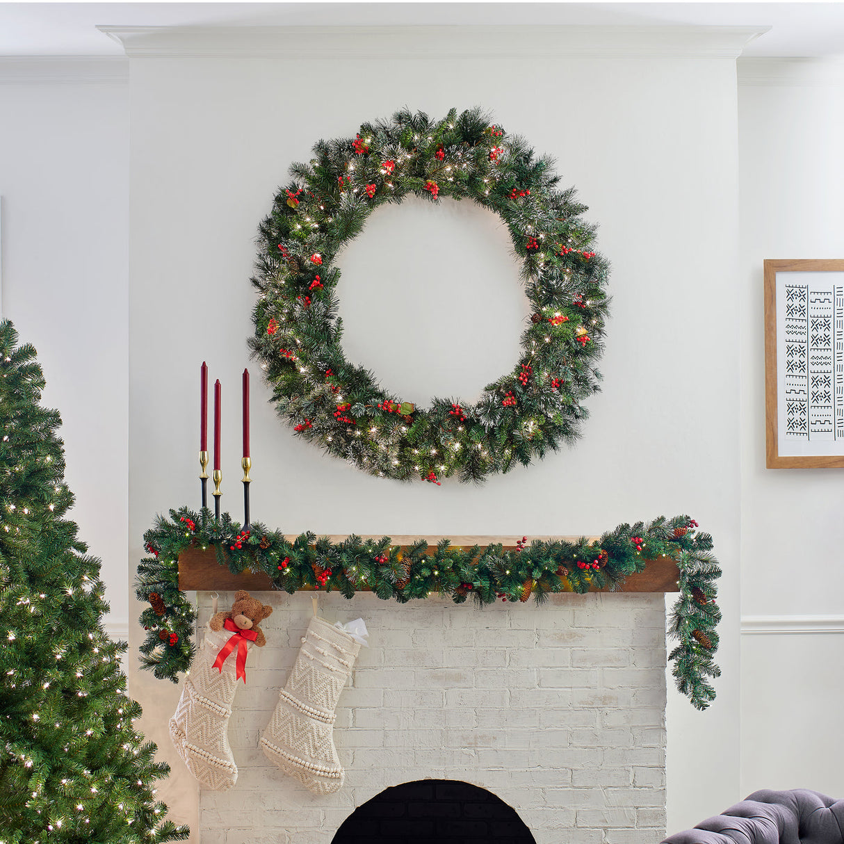 Pre-Lit Wintry Pine Wreath with Clear Lights, 48 Inch