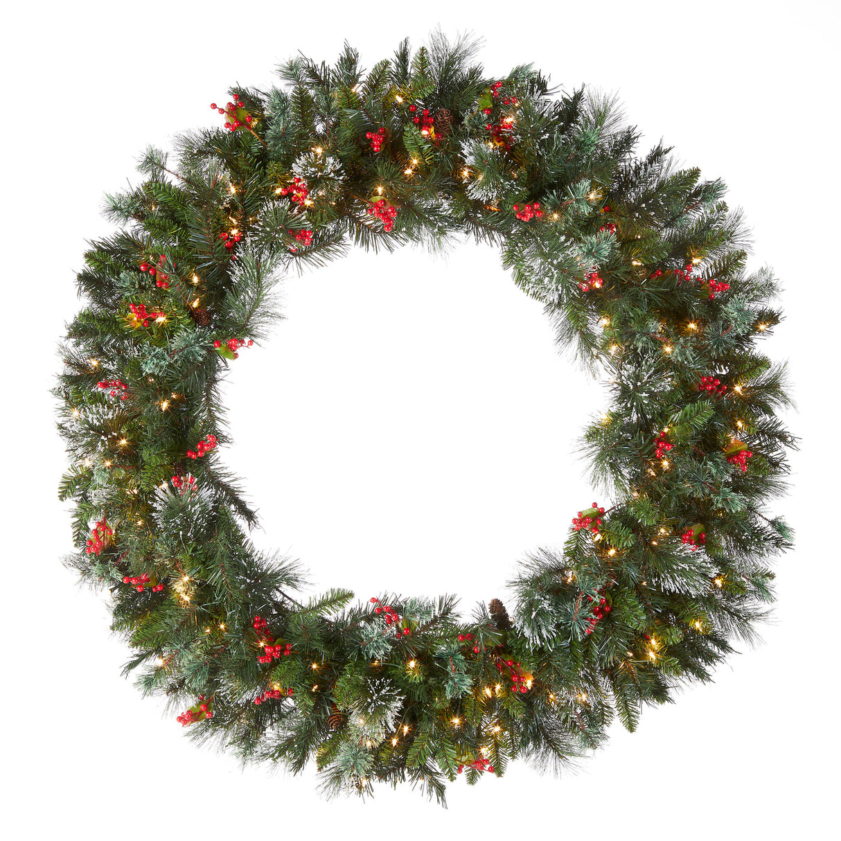 Pre-Lit Wintry Pine Wreath with Clear Lights, 48 Inch