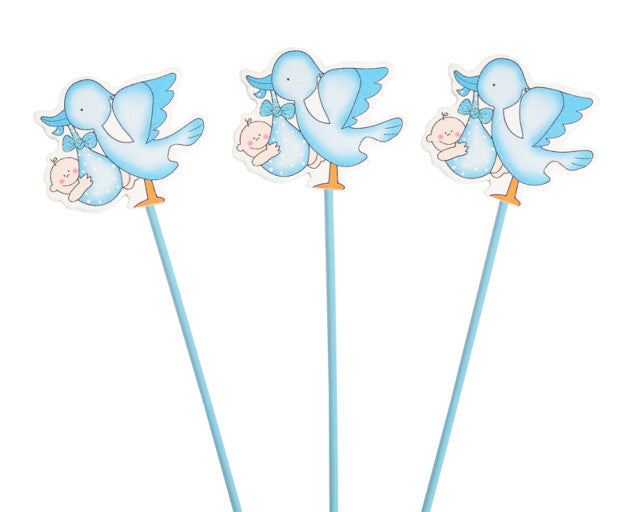 Blue Baby Shower Stork with Baby Wood Picks - Pack of 12