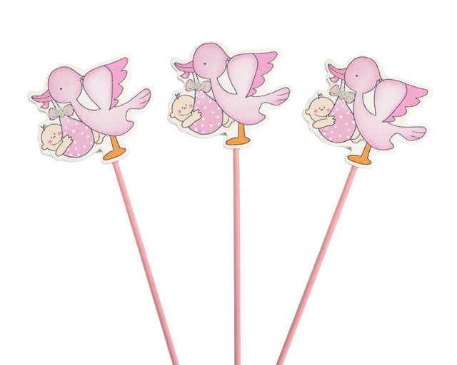 Pink Baby Shower Stork with Baby Wood Picks - Pack of 12