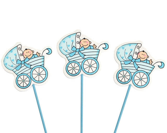 Blue Baby Shower Carriage with Baby Wood Picks - Pack of 12