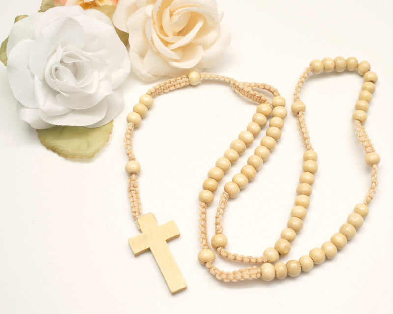 20 Inch Natural Wooden Pearl Rosary Favor Pack of 12