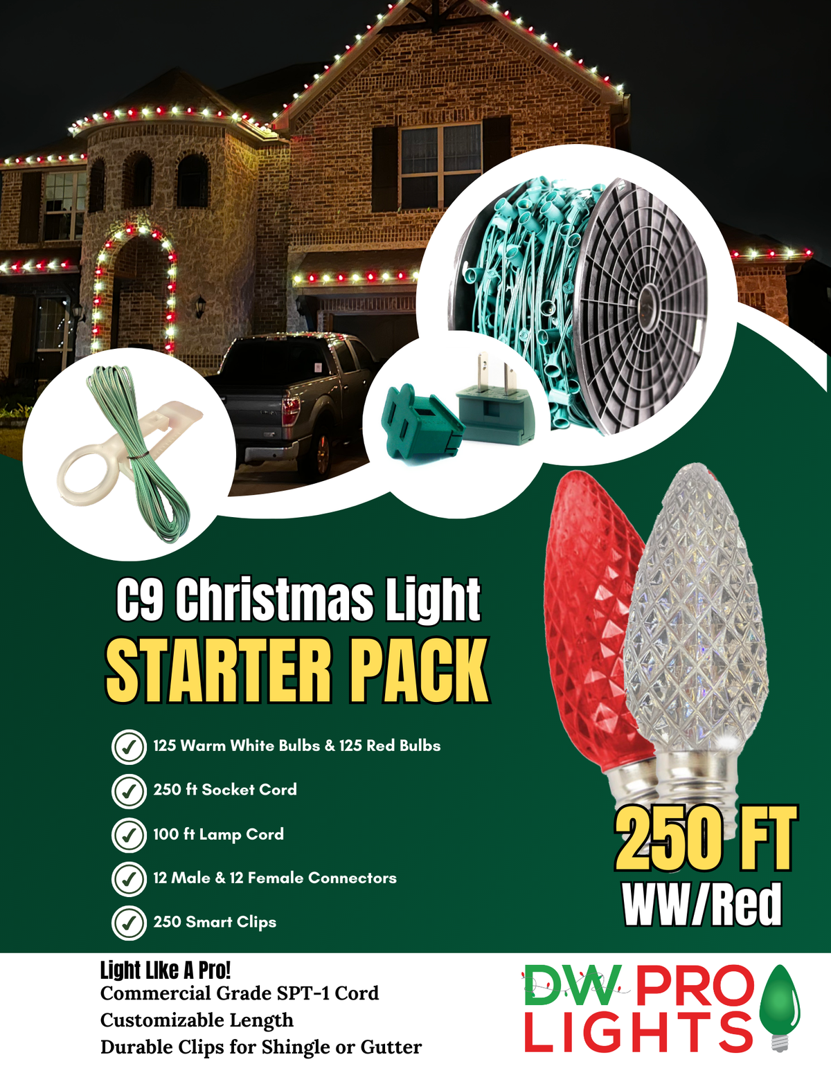 250' Outdoor Christmas Lighting Kit - Warm White/Red