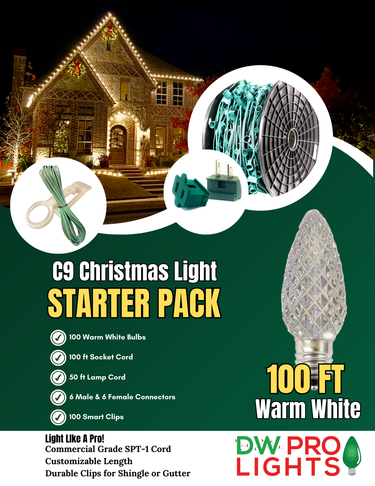 100' Outdoor Christmas Lighting Kit - Warm White