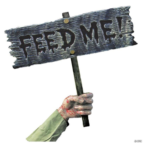 RADYAN Warning From Below Feed Me Halloween Sign with Reaching Arm Prop shown in a clear product image