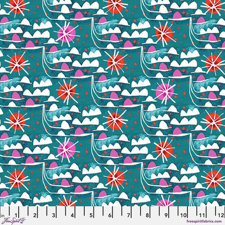 Cotton Print Waves Teal Colori 44/45 Fabric