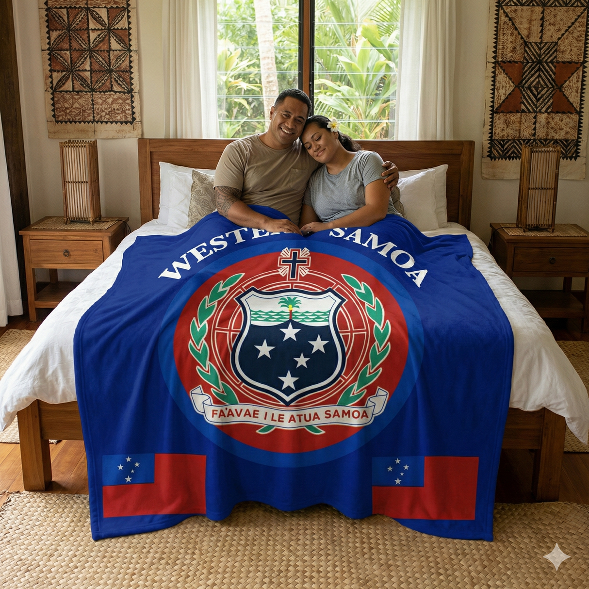 Western Samoa Polyester Fleece Fabric - Samoan Coat Of Arms, Flag Print, 72" X 60" (1 Blanket)